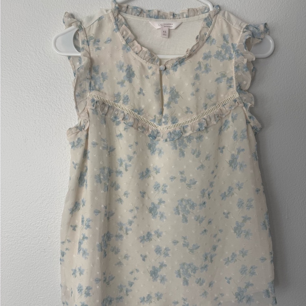 LC Lauren Conrad Cream Blouse with Light Blue Floral Print